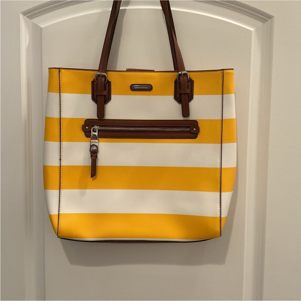 Dana Buchman Yellow and White Striped Tote - Picture 3 of 3